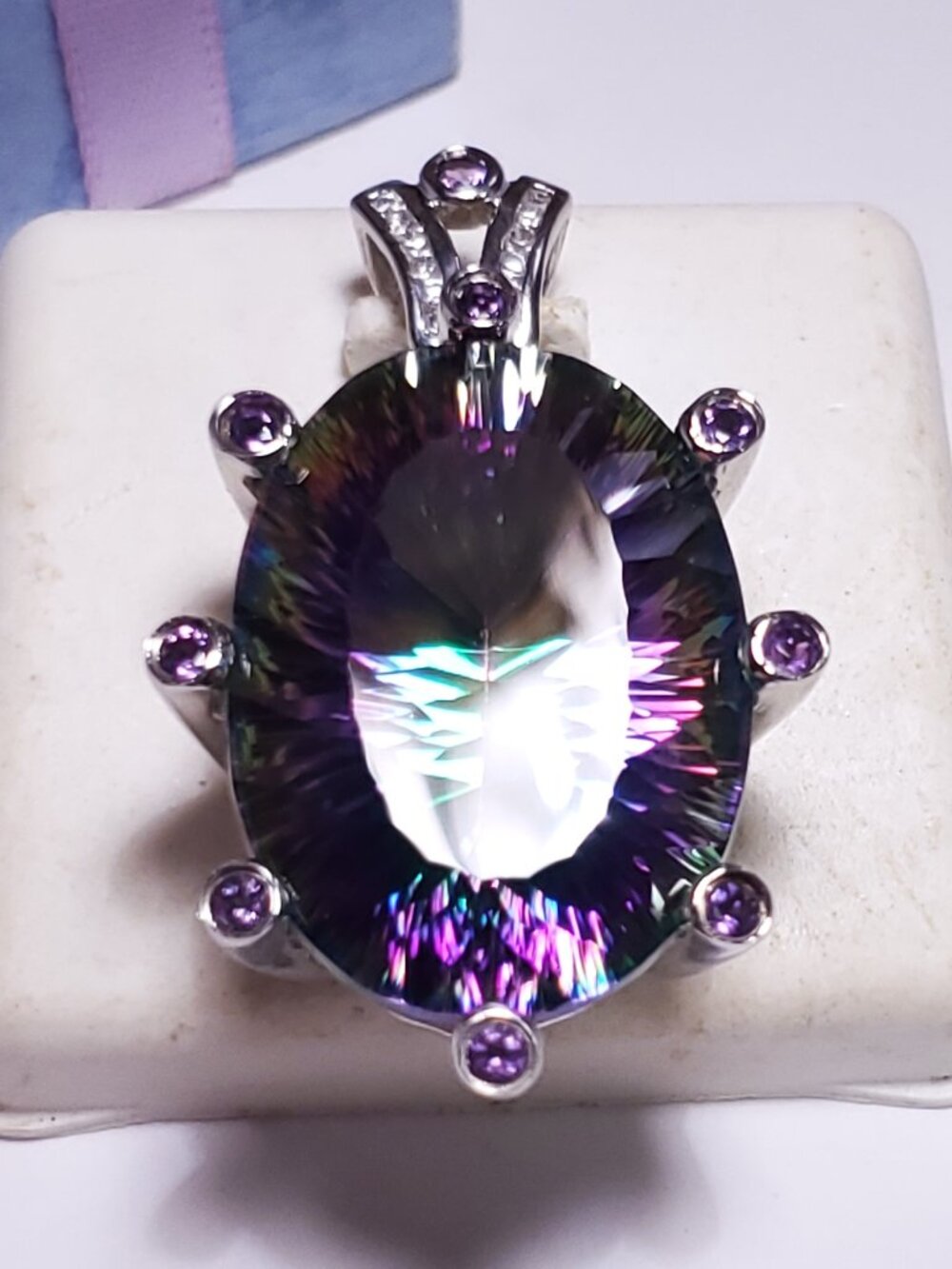 Estate 25ctw Oval Mystic &wht Topaz fancy Amethst bezel Sterling 925Pendant24728